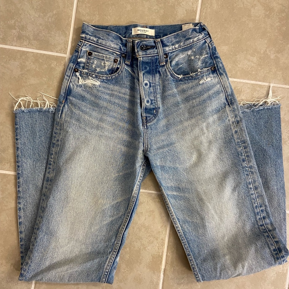 Moussy Light Blue Distressed High-Rise Straight Jeans